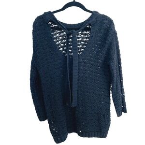 7 For All Mankind Open Knit Tie Back Sweater Cotton Linen Black M / L